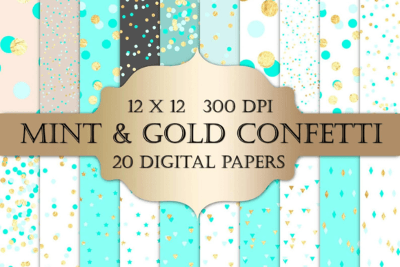 Download Gold Foil &amp; Mint Confetti Digital Paper - Confetti digital paper Collection